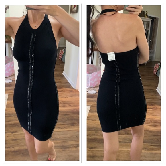 BEBE Sport Ribbed Knit Sequins detail Halter Mini dress in Black Size S NWT - Picture 1 of 11